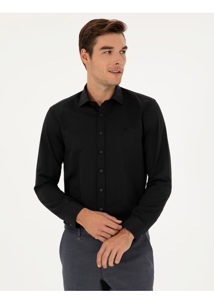 Pierre Cardin Erkek Siyah Slim Fit Armürlü Uzun Kollu Gömlek 50289417-VR046