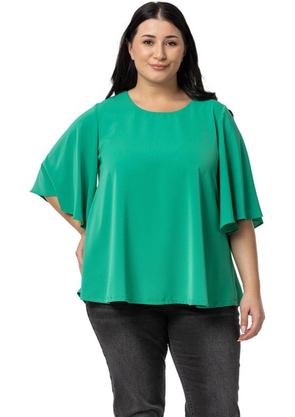 Büyük Beden Geniş Kısa Kollu Benetton Yeşili Bluz