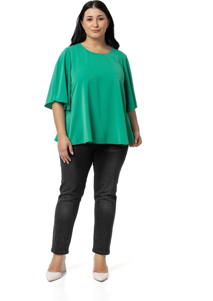 Büyük Beden Geniş Kısa Kollu Benetton Yeşili Bluz