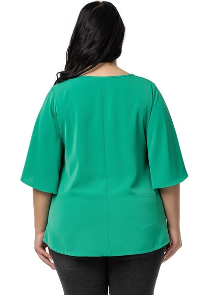 Büyük Beden Geniş Kısa Kollu Benetton Yeşili Bluz