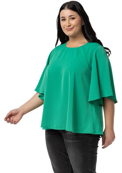 Büyük Beden Geniş Kısa Kollu Benetton Yeşili Bluz