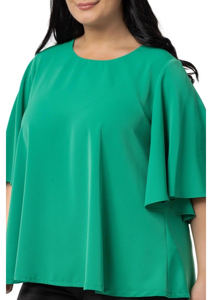 Büyük Beden Geniş Kısa Kollu Benetton Yeşili Bluz