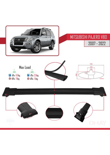 Mitsubishi Pajero (V80) 2007-2022 Arası ile Uyumlu Fly Model Ara Atkı Tavan Barı Siyah 2 Adet