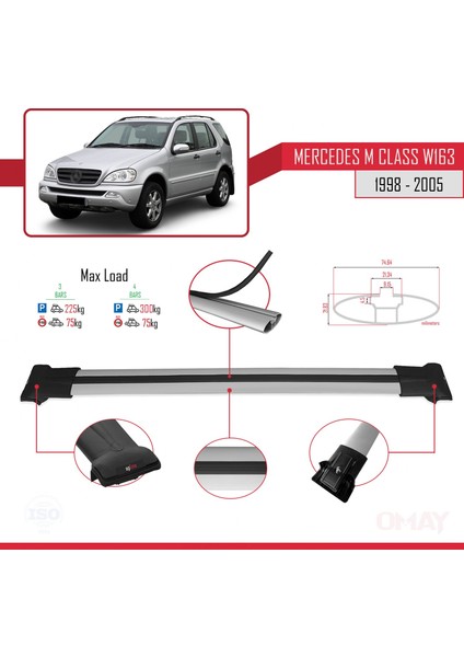 Mercedes M Class (W163) 1998-2005 Arası ile Uyumlu Fly Model Ara Atkı Tavan Barı Gri 3 Adet