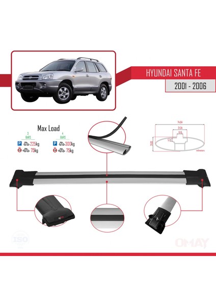 Hyundai Santa Fe (Sm) 2001-2006 Arası ile Uyumlu Fly Model Ara Atkı Tavan Barı Gri 3 Adet modelleri