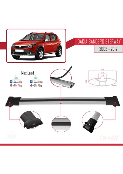 Dacia Sandero Stepway 2008-2012 Arası ile Uyumlu Fly Model Ara Atkı Tavan Barı Gri 3 Adet modelleri
