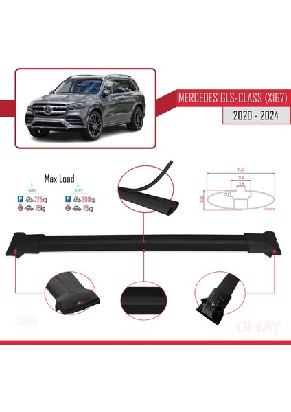 Mercedes Gls Class (X167) 2020 ve Sonrası ile Uyumlu Fly Model Ara Atkı Tavan Barı Siyah 3 Adet