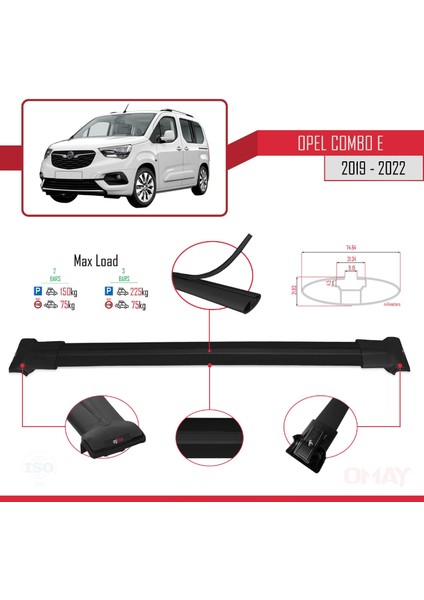 Opel Combo (E) 2019-2023 Arası ile Uyumlu Fly Model Ara Atkı Tavan Barı Siyah 2 Adet