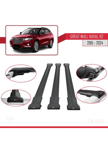 Great Wall Haval H2 2015 ve Sonrası ile Uyumlu Fly Model Ara Atkı Tavan Barı Siyah 3 Adet