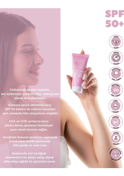 Leke Karşıtı Ton Eşitleyen Spf 50 Pembe Renkli Güneş Kremi Glutatyon, Hyaluronik Asit Etkili 50 Ml