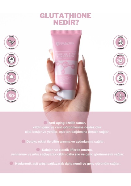 Leke Karşıtı Ton Eşitleyen Spf 50 Pembe Renkli Güneş Kremi Glutatyon, Hyaluronik Asit Etkili 50 Ml