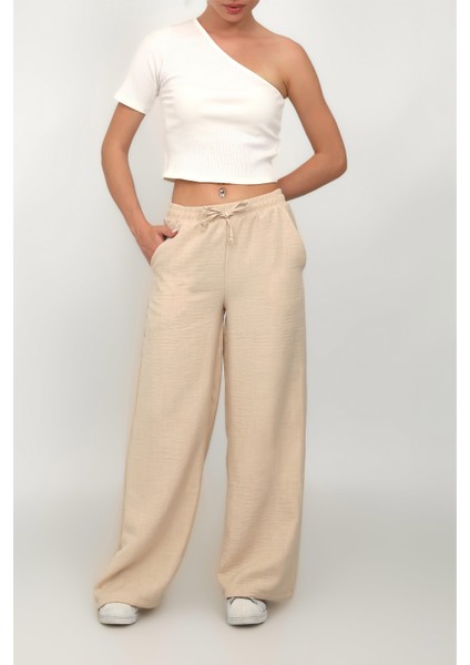 Kadın Bej Renk Beli Lastikli Geniş Paça Keten Pantolon