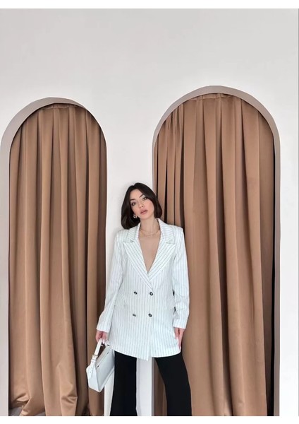 Yourstore Çizgili Blazer Caket - Beyaz