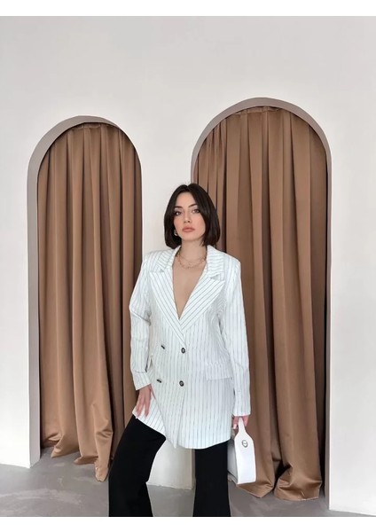 Yourstore Çizgili Blazer Caket - Beyaz