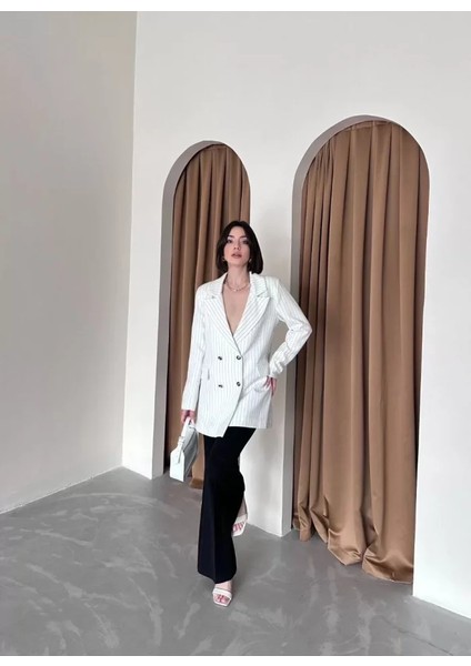 Yourstore Çizgili Blazer Caket - Beyaz