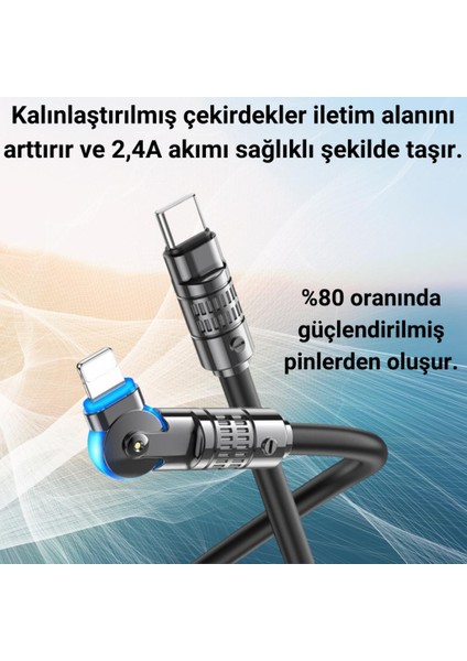 Super Şarj Döner Başlık 27W Type-C To Iphone Şarj Kablosu Iphone 11 12 13 14 Pro Max Şarj Kablo