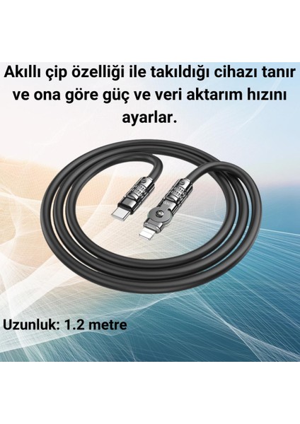 Super Şarj Döner Başlık 27W Type-C To Iphone Şarj Kablosu Iphone 11 12 13 14 Pro Max Şarj Kablo