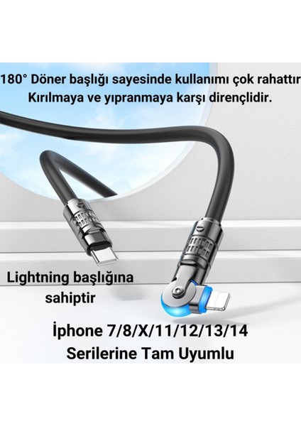 Super Şarj Döner Başlık 27W Type-C To Iphone Şarj Kablosu Iphone 11 12 13 14 Pro Max Şarj Kablo