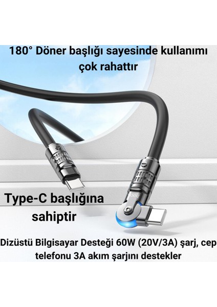 Super Şarj Döner Başlıklı 60W Type-C To Type-C Şarj Kablosu Type-C Hızlı Data ve Şarj Kablosu