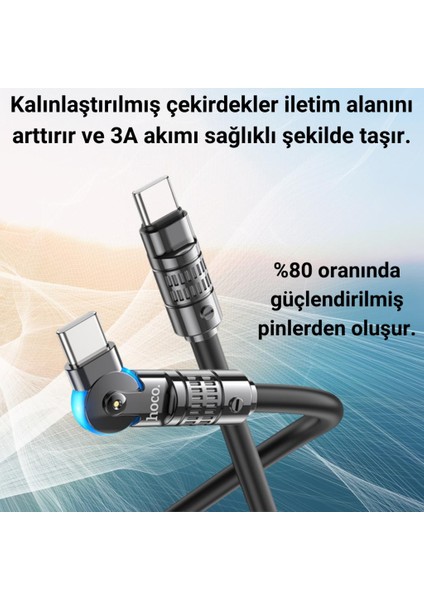 Super Şarj Döner Başlıklı 60W Type-C To Type-C Şarj Kablosu Type-C Hızlı Data ve Şarj Kablosu