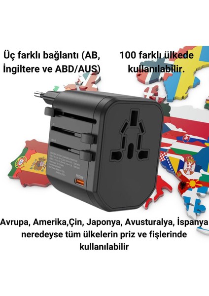 Şarj Akım Korumalı 10A/250V Amerikan ve Avrupa Priz Dönüştürücü ve 2xusb Pd Şarj Başlığı Priz