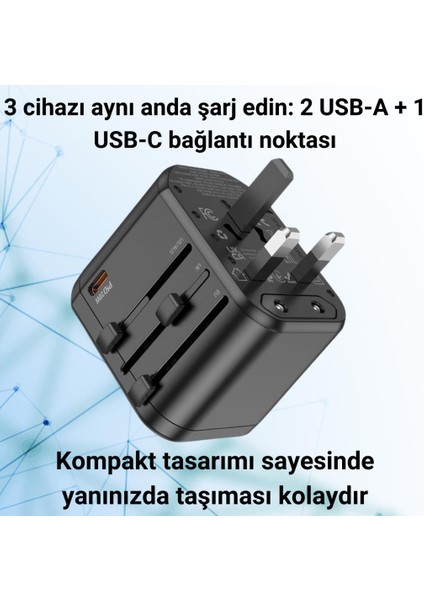 Şarj Akım Korumalı 10A/250V Amerikan ve Avrupa Priz Dönüştürücü ve 2xusb Pd Şarj Başlığı Priz