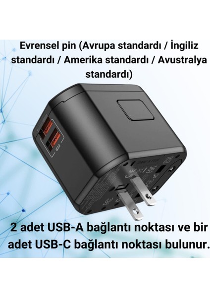 Şarj Akım Korumalı 10A/250V Amerikan ve Avrupa Priz Dönüştürücü ve 2xusb Pd Şarj Başlığı Priz