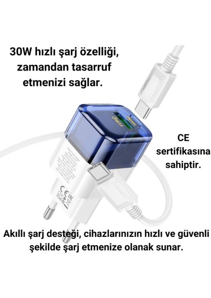 Şarj Akım Koruma QC3.0+PD30W Şarj Başlığı ve Type-C Şarj Kablosu Samsung Huawei Xiaomi Şarj Başlık