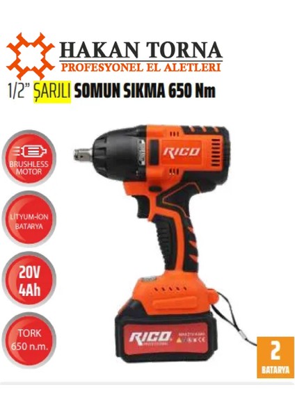 1/2 20V 4 Ah Şarjlı Somun Sökme Sıkma Makinesi 650 Nm