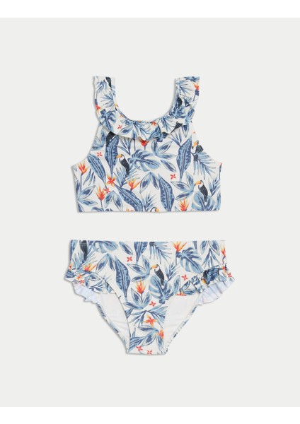 Fırfır Detaylı Desenli Bikini Takımı (6-16 Yaş)