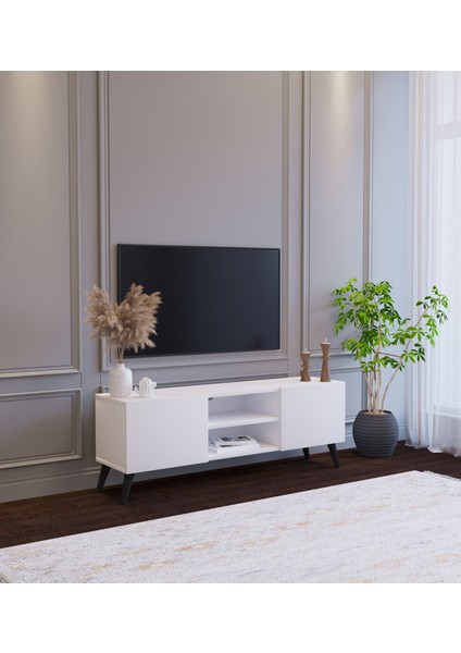 Beyaz Modern 120 cm 2 Kapaklı Raflı Tv Ünitesi Modüler Tv Sehpası Mdf