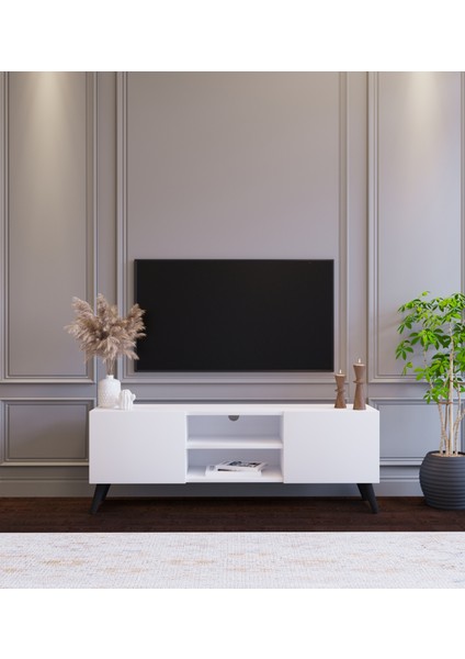 Beyaz Modern 120 cm 2 Kapaklı Raflı Tv Ünitesi Modüler Tv Sehpası Mdf