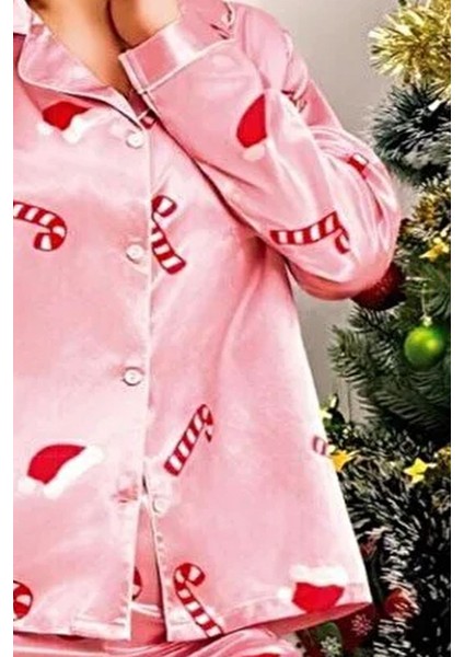 5003 Kadın Yılbaşı Özel Saten Önden Düğmeli Pijama Takımı-Pembe fiyatları