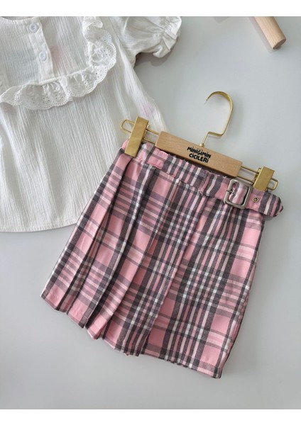 Ekose Kemer Tokalı Şort Etekli Kız çocuk takım - Pembe fiyatları