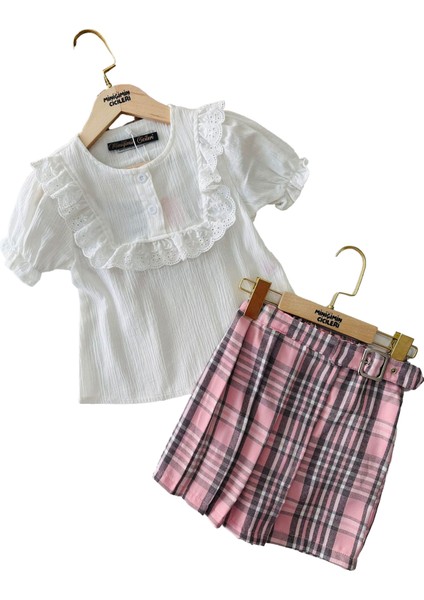 Ekose Kemer Tokalı Şort Etekli Kız çocuk takım - Pembe modelleri