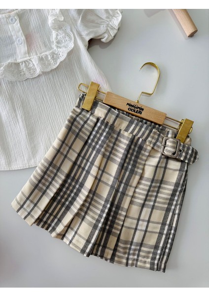 Ekose Kemer Tokalı Şort Etekli Kız çocuk takım - Bej fiyatları