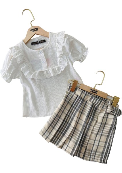 Ekose Kemer Tokalı Şort Etekli Kız çocuk takım - Bej modelleri