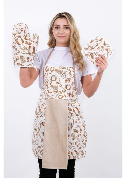 Damla Sıvı Geçirmez Mutfak Önlüğü Havlulu Mutfak Önlüğü (Eldiven ve Tutacak)