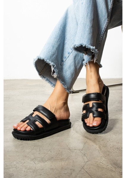 Diva Siyah Deri kadın Terlik modelleri