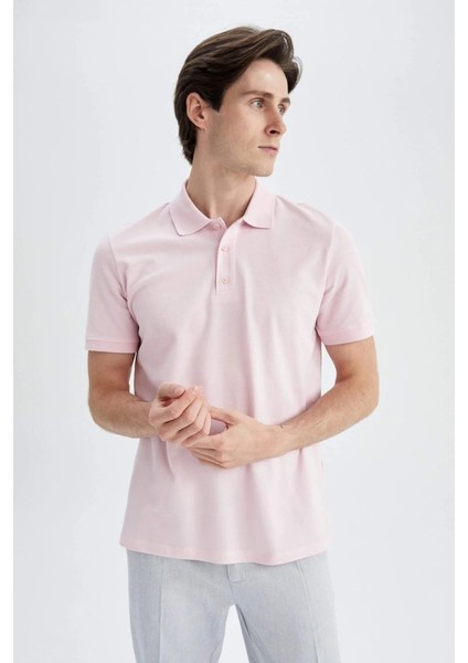 Erkek Pembe Regular Fit %100 Pamuk Nefes Alan Doku Polo Yaka Basic Tişört