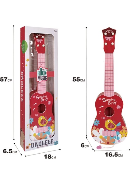 RKU-06RD Plastik Kırmızı Kuş Desenli Çocuk Oyuncak Ukulele