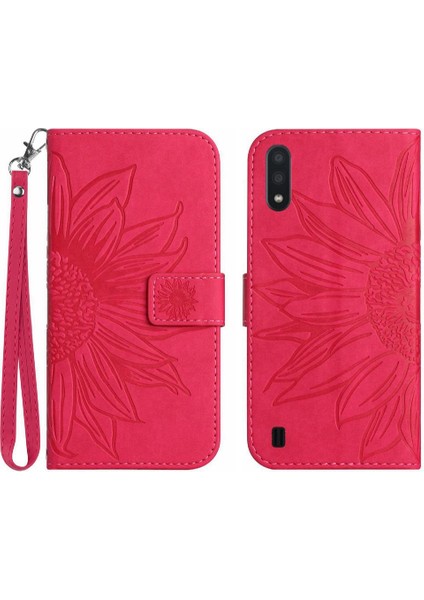Samsung Galaxy A01 Kabartmalı Ayçiçeği Kısa Kayış ile Lüks Pu (Yurt Dışından)