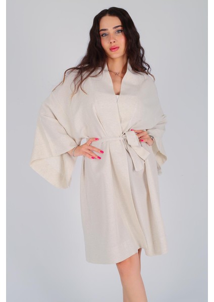 Kadın Bej Bağlamalı Kısa Kimono