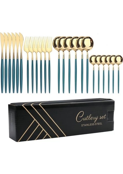 Love Home Portekiz Paslanmaz Çelik Bıçak, Çatal ve Kaşık 24 Takım Altın ve Beyaz (Yurt Dışından)