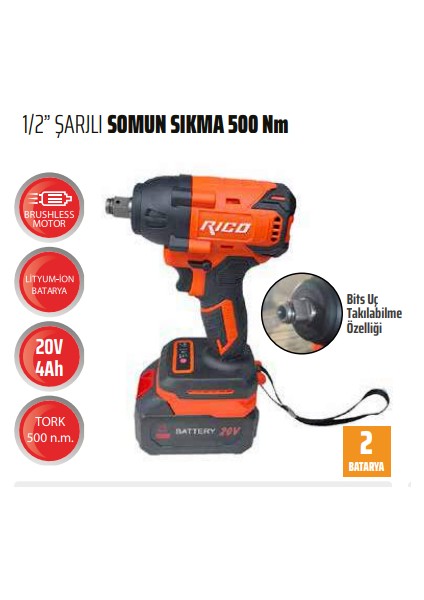 1/2 20V 4 Ah Şarjlı Somun Sökme Sıkma Makinesi 500 Nm