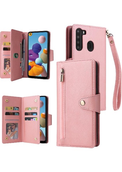 El Kayışı Manyetik Deri Kart Tutucu ile Samsung Galaxy A21 Için Kılıf (Yurt Dışından)