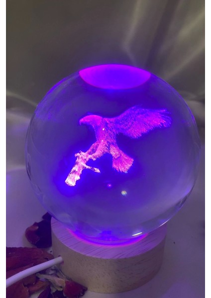3D LED Işık Cam Küre Çok Işıklı Ahşap Kartal Kara Kartal Büyük Boy 8cm