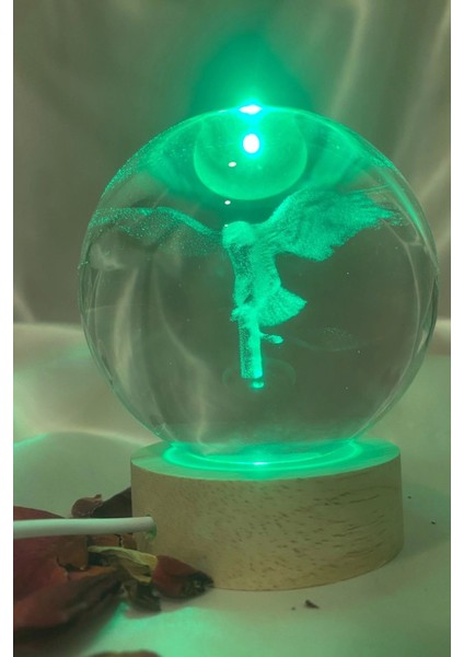 3D LED Işık Cam Küre Çok Işıklı Ahşap Kartal Kara Kartal Büyük Boy 8cm
