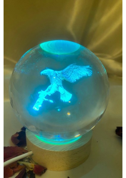 3D LED Işık Cam Küre Çok Işıklı Ahşap Kartal Kara Kartal Büyük Boy 8cm
