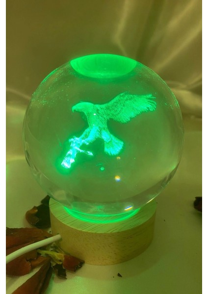 3D LED Işık Cam Küre Çok Işıklı Ahşap Kartal Kara Kartal Büyük Boy 8cm